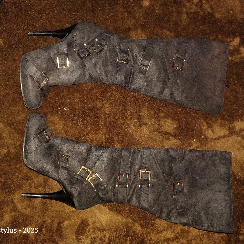 Michael Antonio Black Suede Buckled Knee-High Stiletto Boots